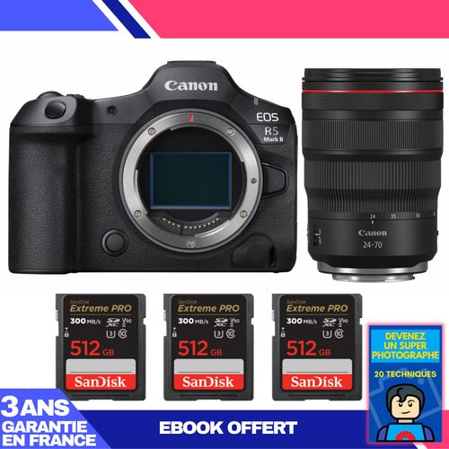 Boitier Canon EOS R5 Mark II + RF 24-70mm f/2.8 L IS USM + 3 SanDisk 512GB Extreme PRO UHS-II SDXC 300 MB/s + Ebook 'Devenez Un Super Photographe'