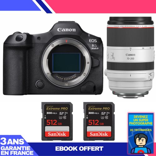 Boitier Canon EOS R5 Mark II + RF 70-200mm f/2.8 L IS USM + 2 SanDisk 512GB Extreme PRO UHS-II SDXC 300 MB/s + Ebook 'Devenez Un Super Photographe'