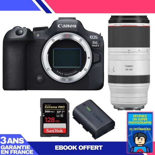 Boitier Canon EOS R6 Mark II + RF 100-500mm f/4.5-7.1 L IS USM + 1 SanDisk 128GB Extreme PRO UHS-II SDXC 300 MB/s + 1 Canon LP-E6NH + Ebook 'Devenez Un Super Photographe'