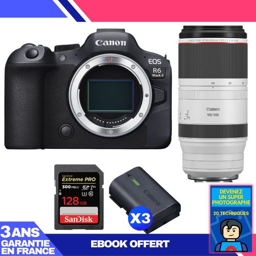 Boitier Canon EOS R6 Mark II + RF 100-500mm f/4.5-7.1 L IS USM + 1 SanDisk 128GB Extreme PRO UHS-II SDXC 300 MB/s + 3 Canon LP-E6NH + Ebook 'Devenez Un Super Photographe'