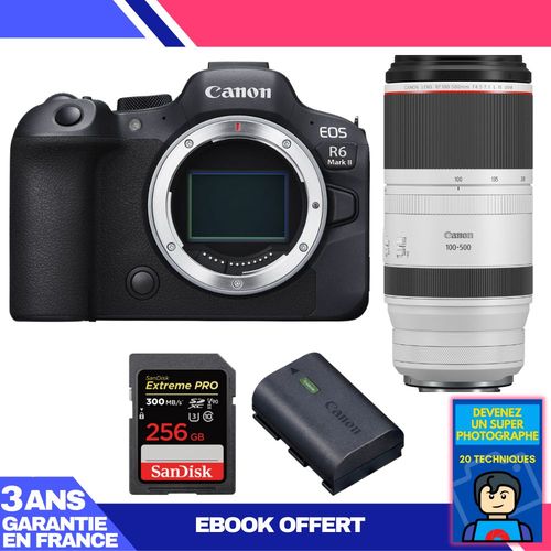 Boitier Canon EOS R6 Mark II + RF 100-500mm f/4.5-7.1 L IS USM + 1 SanDisk 256GB Extreme PRO UHS-II SDXC 300 MB/s + 1 Canon LP-E6NH + Ebook 'Devenez Un Super Photographe'