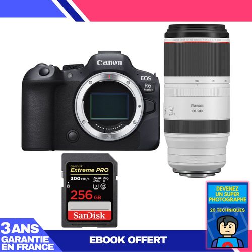 Boitier Canon EOS R6 Mark II + RF 100-500mm f/4.5-7.1 L IS USM + 1 SanDisk 256GB Extreme PRO UHS-II SDXC 300 MB/s + Ebook 'Devenez Un Super Photographe'