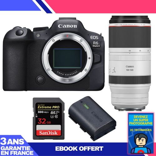 Boitier Canon EOS R6 Mark II + RF 100-500mm f/4.5-7.1 L IS USM + 1 SanDisk 32GB Extreme PRO UHS-II SDXC 300 MB/s + 1 Canon LP-E6NH + Ebook 'Devenez Un Super Photographe'