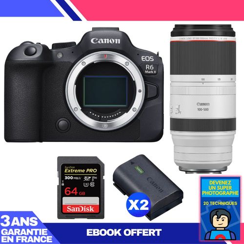 Boitier Canon EOS R6 Mark II + RF 100-500mm f/4.5-7.1 L IS USM + 1 SanDisk 64GB Extreme PRO UHS-II SDXC 300 MB/s + 2 Canon LP-E6NH + Ebook 'Devenez Un Super Photographe'