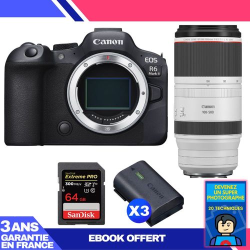 Boitier Canon EOS R6 Mark II + RF 100-500mm f/4.5-7.1 L IS USM + 1 SanDisk 64GB Extreme PRO UHS-II SDXC 300 MB/s + 3 Canon LP-E6NH + Ebook 'Devenez Un Super Photographe'