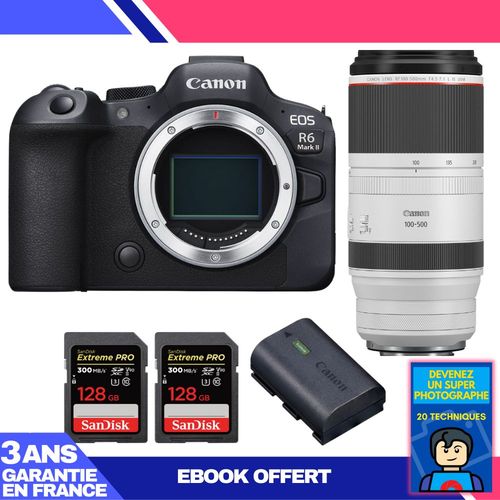 Boitier Canon EOS R6 Mark II + RF 100-500mm f/4.5-7.1 L IS USM + 2 SanDisk 128GB Extreme PRO UHS-II SDXC 300 MB/s + 1 Canon LP-E6NH + Ebook 'Devenez Un Super Photographe'