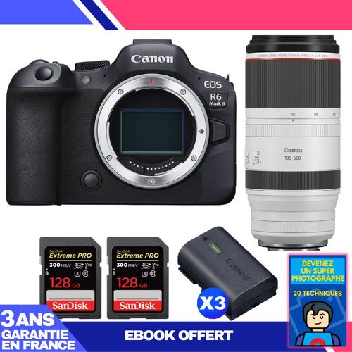 Boitier Canon EOS R6 Mark II + RF 100-500mm f/4.5-7.1 L IS USM + 2 SanDisk 128GB Extreme PRO UHS-II SDXC 300 MB/s + 3 Canon LP-E6NH + Ebook 'Devenez Un Super Photographe'