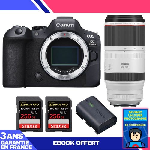 Boitier Canon EOS R6 Mark II + RF 100-500mm f/4.5-7.1 L IS USM + 2 SanDisk 256GB Extreme PRO UHS-II SDXC 300 MB/s + 1 Canon LP-E6NH + Ebook 'Devenez Un Super Photographe'