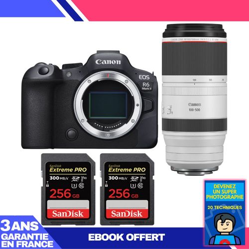 Boitier Canon EOS R6 Mark II + RF 100-500mm f/4.5-7.1 L IS USM + 2 SanDisk 256GB Extreme PRO UHS-II SDXC 300 MB/s + Ebook 'Devenez Un Super Photographe'