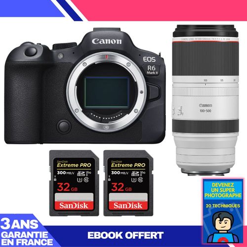 Boitier Canon EOS R6 Mark II + RF 100-500mm f/4.5-7.1 L IS USM + 2 SanDisk 32GB Extreme PRO UHS-II SDXC 300 MB/s + Ebook 'Devenez Un Super Photographe'