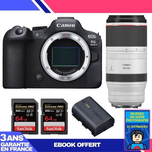 Boitier Canon EOS R6 Mark II + RF 100-500mm f/4.5-7.1 L IS USM + 2 SanDisk 64GB Extreme PRO UHS-II SDXC 300 MB/s + 1 Canon LP-E6NH + Ebook 'Devenez Un Super Photographe'
