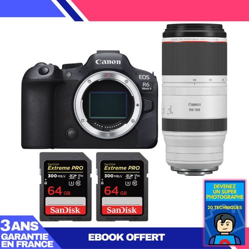 Boitier Canon EOS R6 Mark II + RF 100-500mm f/4.5-7.1 L IS USM + 2 SanDisk 64GB Extreme PRO UHS-II SDXC 300 MB/s + Ebook 'Devenez Un Super Photographe'