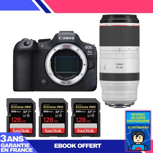 Boitier Canon EOS R6 Mark II + RF 100-500mm f/4.5-7.1 L IS USM + 3 SanDisk 128GB Extreme PRO UHS-II SDXC 300 MB/s + Ebook 'Devenez Un Super Photographe'