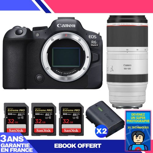 Boitier Canon EOS R6 Mark II + RF 100-500mm f/4.5-7.1 L IS USM + 3 SanDisk 32GB Extreme PRO UHS-II SDXC 300 MB/s + 2 Canon LP-E6NH + Ebook 'Devenez Un Super Photographe'