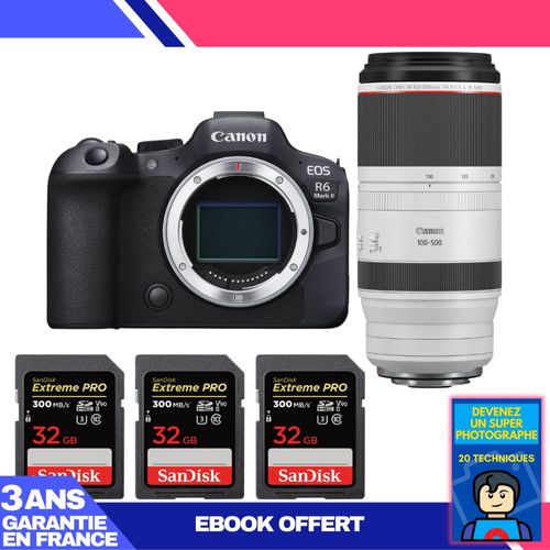Boitier Canon EOS R6 Mark II + RF 100-500mm f/4.5-7.1 L IS USM + 3 SanDisk 32GB Extreme PRO UHS-II SDXC 300 MB/s + Ebook 'Devenez Un Super Photographe'