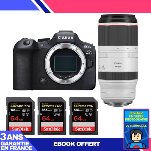 Boitier Canon EOS R6 Mark II + RF 100-500mm f/4.5-7.1 L IS USM + 3 SanDisk 64GB Extreme PRO UHS-II SDXC 300 MB/s + Ebook 'Devenez Un Super Photographe'