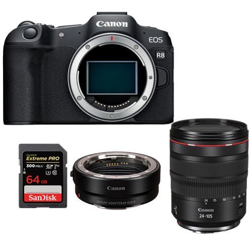 Botier Canon EOS R8 + adaptateur de montage EF-EOS R + RF 24-105mm f4L IS USM + SanDisk 64 Go Extreme Pro SDXC UHS-II U3 V90 300 Mo/s