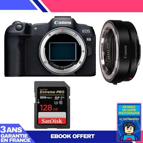 Boitier Canon EOS R8 + EF-EOS R + 1 SanDisk 128GB Extreme PRO UHS-II SDXC 300 MB/s + Ebook 'Devenez Un Super Photographe'