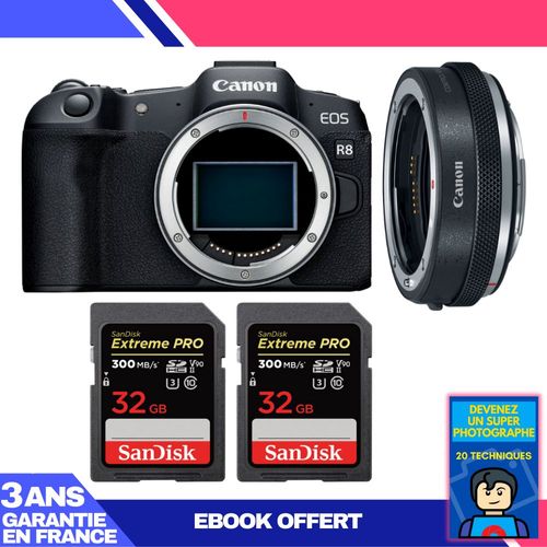 Boitier Canon EOS R8 + EF-EOS R Premium + 2 SanDisk 32GB Extreme PRO UHS-II SDXC 300 MB/s + Ebook 'Devenez Un Super Photographe'