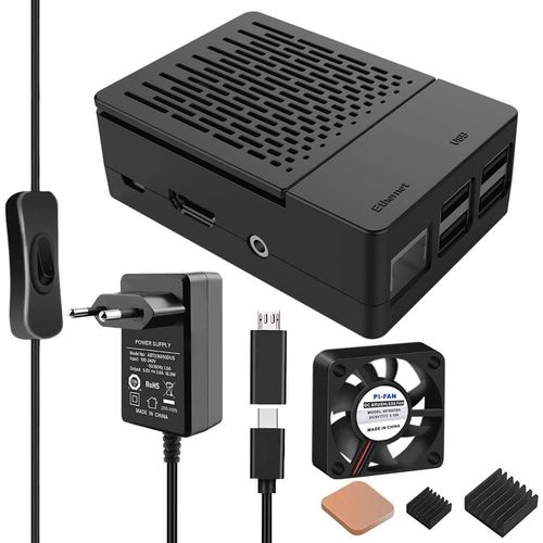 Botier Raspberry Pi 3B+ avec Alimentation USB C 18W 5V 3.6A,Interrupteur On/Off,Ventilateur,Dissipateurs et Adaptateur Micro USB pour 3B/3B+
