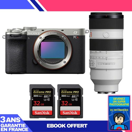 Boitier Sony A7CR Silver + FE 70-200mm f/2.8 GM OSS II + 2 SanDisk 32GB Extreme PRO UHS-II SDXC 300 MB/s + Ebook 'Devenez Un Super Photographe'