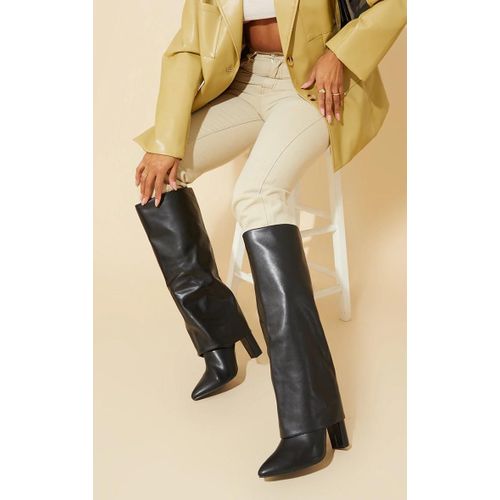 Bottes En Pu Noir Profond Pointues  Dtail Repli Pointure Large, Noir - 36