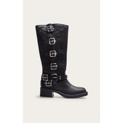 Bottes Hautes  Boucle Multiple Et Bride Noires En Pu  Bout Rond, Noir - 41