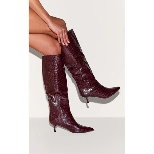 Bottes Hautes Pointues En Pu Bordeaux Effet Croco  Talon Bas Et Bout Pointu, Bordeaux - 37