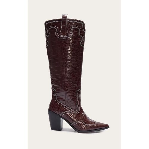 Bottes Hautes Pointues En Pu Bordeaux Effet Croco  Talon Carr Haut Et Coutures Style Western, Bordeaux - 40