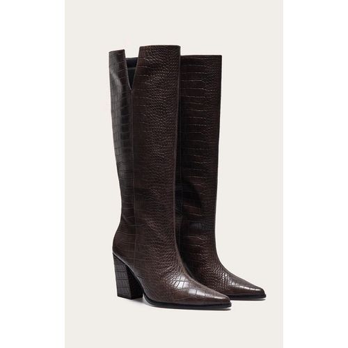 Bottes Hautes Pointues En Pu Chocolat Effet Croco  Talon Carr, Chocolat - 36