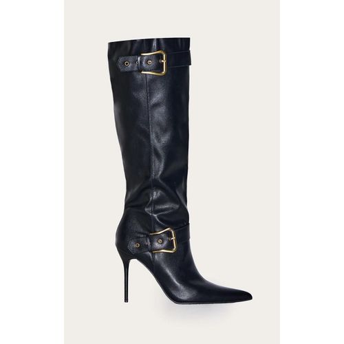 Bottes Hautes Pointues En Pu Noir  Talon Aiguille Haut Et Boucles, Noir - 36