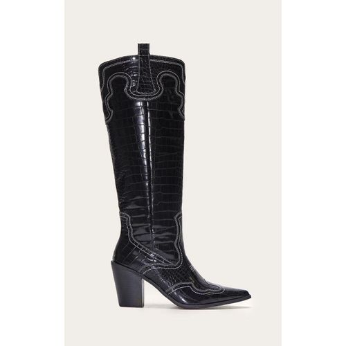 Bottes Hautes Pointues En Pu Noir Effet Croco  Talon Carr Haut Et Coutures Style Western, Noir - 41