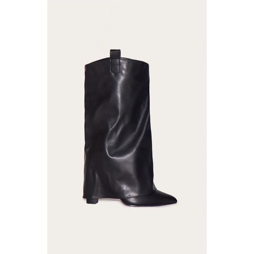 Bottes Pointues En Pu Noir  Talon Haut Et Effet Repli Pointure Large, Noir - 36
