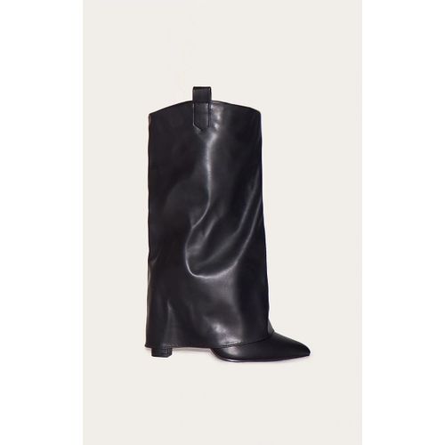 Bottes Pointues En Pu Noir  Talon Haut Et Effet Repli Pointure Large, Noir - 40