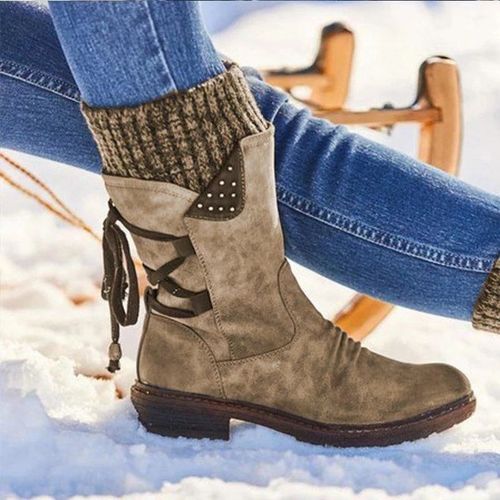 Bottines En Cuir Pu Pour Femmes, Bottines Mi Mollet Rtro Mode, Chaussures Chaudes Dcontractes  Talons Bas, Chaussures D'hiver Pour Femmes D88