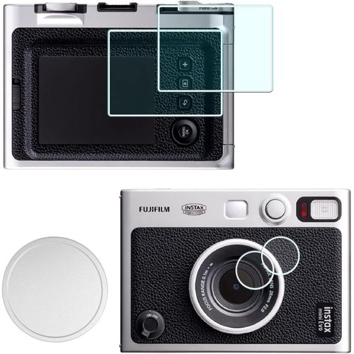 Bouchon d'objectif + protection d'cran pour appareil photo Fujifilm Instax Mini Evo (pour accessoires) LCD + objectif PET Flim + aluminium Mini Fuji Evo avec flocage intrieur