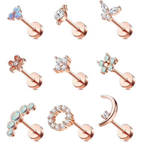 Boucle D'oreille Cartilage 16g Pour Femme Boucles D'oreilles  Dos Plat  Vis En Acier Inoxydable 316l Papillon Lune Fleur Opale Cartilage Tragus Daith Helix Boucles D'oreilles Piercing