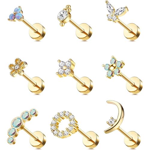 Boucle D'oreille Cartilage 16g Pour Femme Boucles D'oreilles  Dos Plat  Vis En Acier Inoxydable 316l Papillon Lune Fleur Opale Cartilage Tragus Daith Helix Boucles D'oreilles Piercing