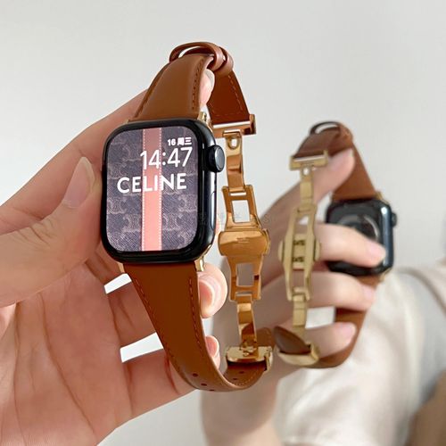 Boucle Papillon En Cuir Vritable De Petite Taille Adapte Au Bracelet De Montre Apple Applewatch9876se Niche D'affaires Souple 10-Boucle Papillon Marron Et Or - 38/40/41/(10e Gnration 42 Mm) Univ