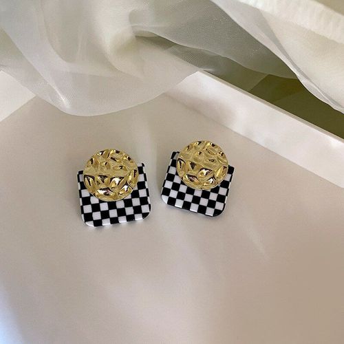 Boucles D'oreilles En Damier Pour Femmes, En Acrylique Noir Et Blanc, Carr, Pendentif, Gomtrique,  La Mode