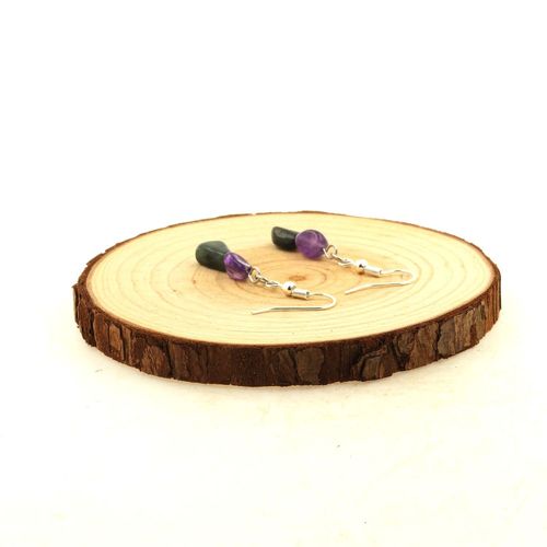 Boucles D'oreilles 2 Perles Auralite + Quartz  Rutile Vert En Acier Fabriqu En France.