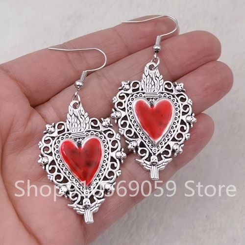 Boucles D'oreilles  Breloques En mail En Forme De CUr, Boucles D'oreilles En Forme De CUr, Grand Pendentif Milagro Plaqu Argent, Cadeaux Pour Femmes