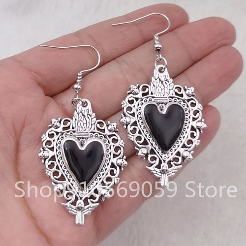Boucles D'oreilles  Breloques En mail En Forme De CUr, Boucles D'oreilles En Forme De CUr, Grand Pendentif Milagro Plaqu Argent, Cadeaux Pour Femmes