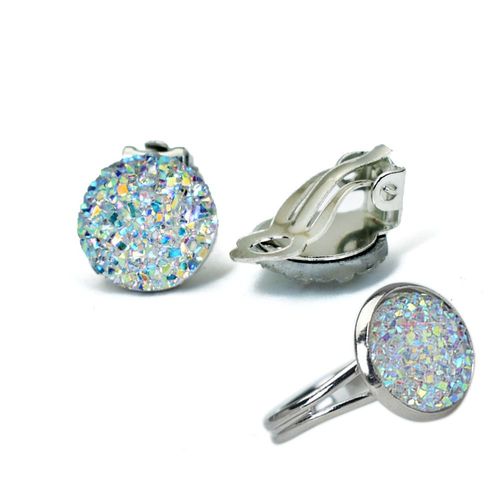 Boucles D'oreilles  Clip En Rsine Pour Femmes, Ensemble De Bijoux Couleur Argent, Blanc, Vert, Bleu, Anneau Rglable, Simple, Rond