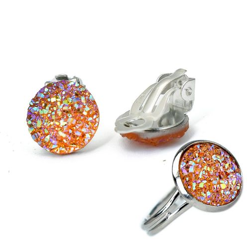 Boucles D'oreilles  Clip En Rsine Pour Femmes, Ensemble De Bijoux Couleur Argent, Blanc, Vert, Bleu, Anneau Rglable, Simple, Rond