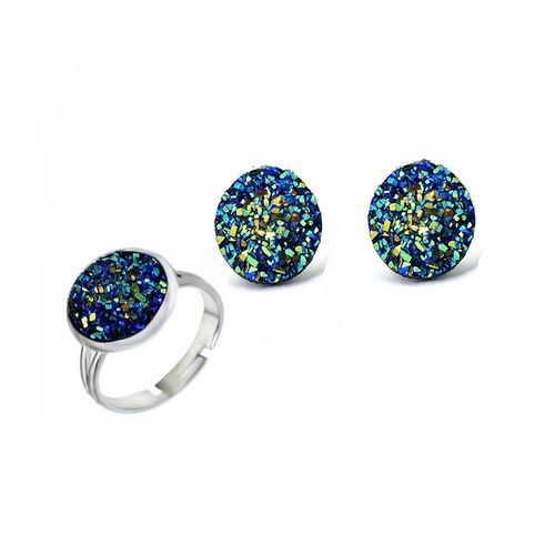 Boucles D'oreilles  Clip En Rsine Pour Femmes, Ensemble De Bijoux Couleur Argent, Blanc, Vert, Bleu, Anneau Rglable, Simple, Rond