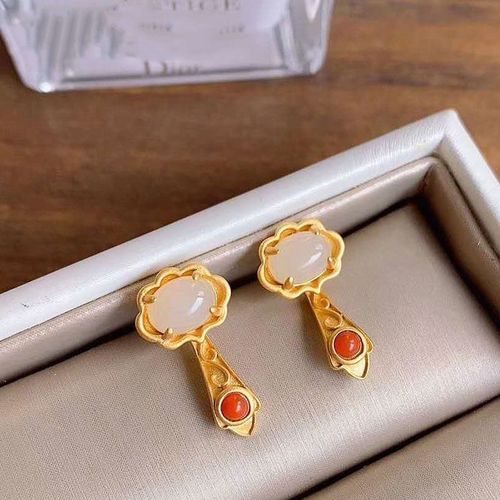 Boucles D'oreilles  Motif Naturel Hetian Blanc, Style Chinois Rtro Unique Artisanat En Or Ancien, Charme lgant, Bijoux Cadeau De Nol Pour Femmes