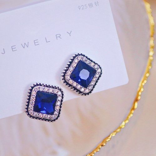 Boucles D'oreilles  Strass Brillants Pour Femmes, Nouvelle Collection De Boucles D'oreilles Carres  La Mode En Cristal Bleu, Bijoux Cadeaux De Fte