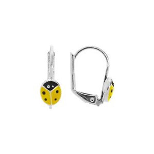 Boucles D'oreilles Argent Rhodi Dormeuse Coccinelle Rsine Jaune Et Point Noir
