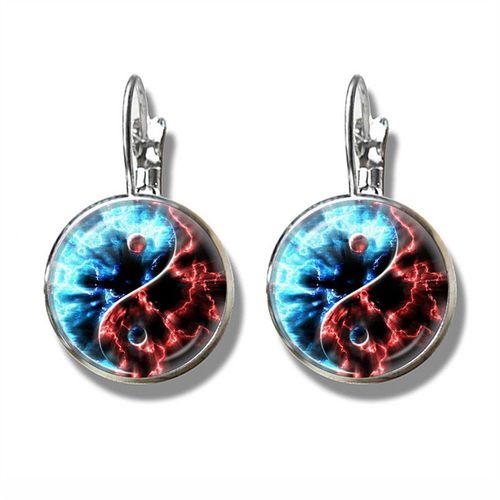 Boucles D'oreilles Avec Cabochon En Verre, Boucles D'oreilles Avec Dragon Bleu, Yin Et Chapelle Du Compositeur Tai, Cadeau